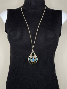 Charming Charlie Gold-Tone Teardrop Necklace with Blue and Amber Accents